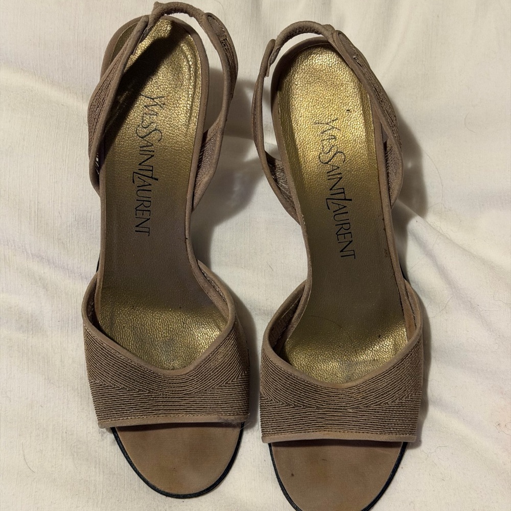 Yves Saint Laurent Taupe Open-Toe Slingback Heels